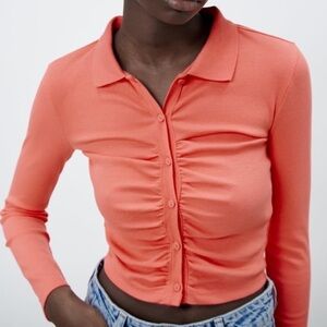 Zara Ruched Long Sleeve Polo Crop Top